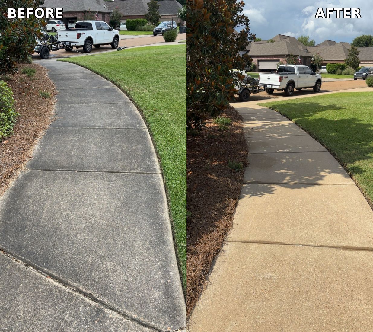 Walkway before and after pressure washing