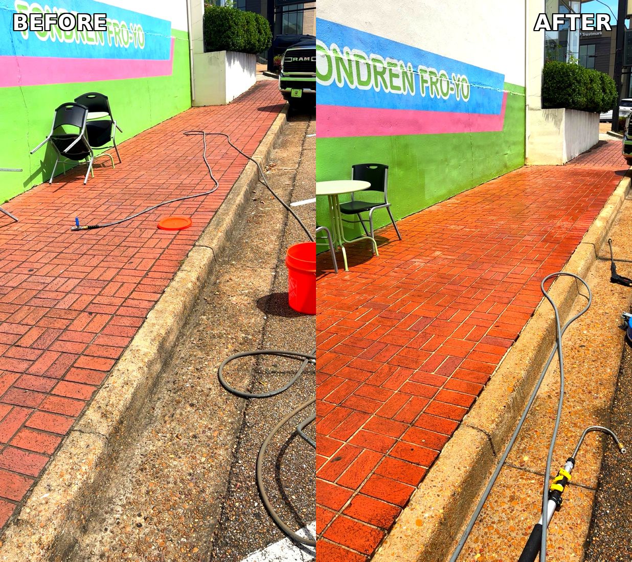 Storefront sidewalk before and after pressure washing