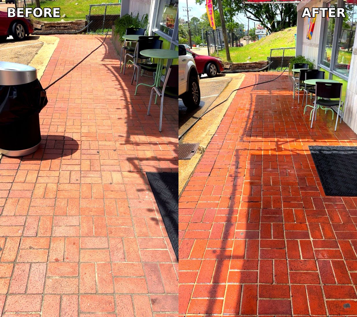 Commercial patio before and after pressure washing