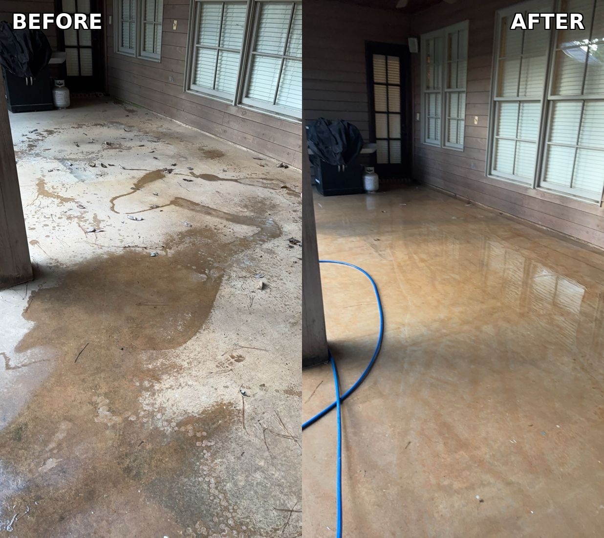 Covered patio before and after pressure washing
