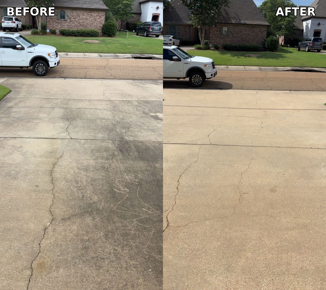 Driveway before and after pressure washing